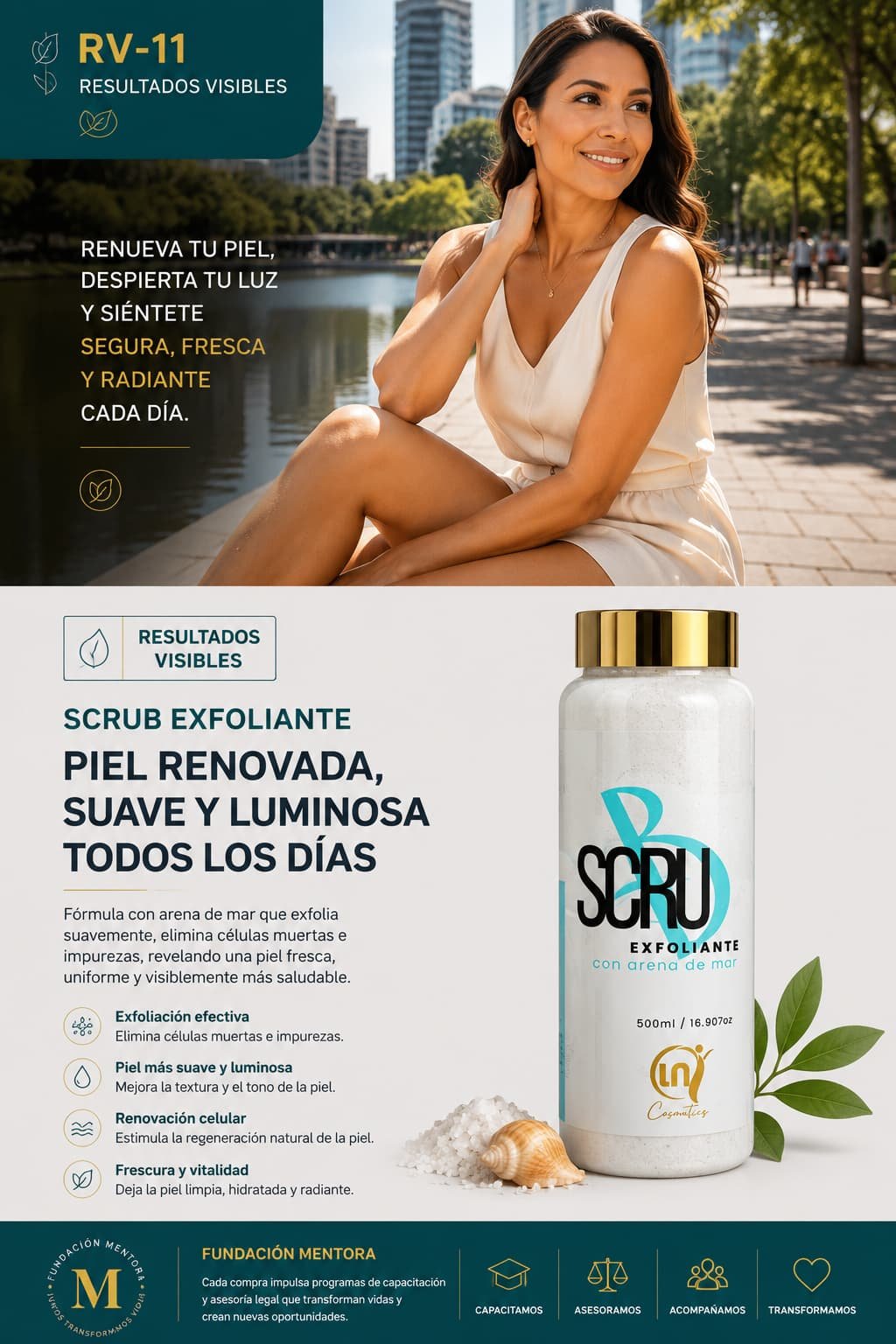 Mujer latinoamericana con piel luminosa y uniforme mostrando los beneficios del SCRUB Exfoliante con arena de mar.