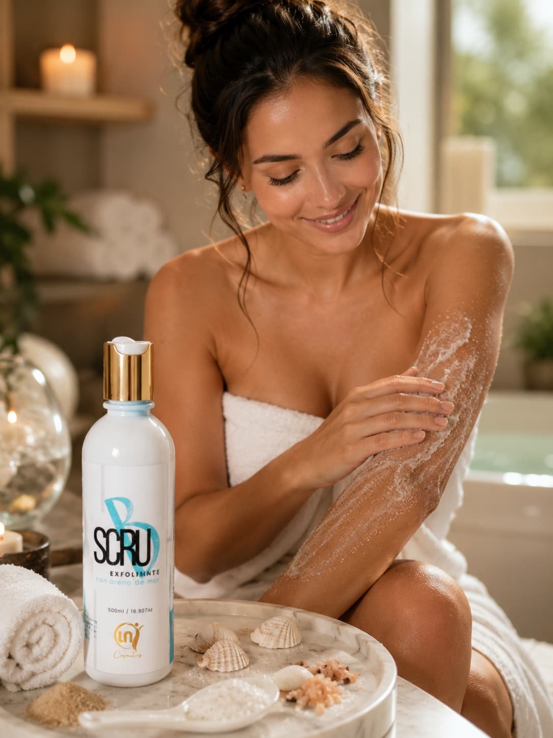 El Shampoo ALMASH Libre de Sodio ayuda a mantener la hidratación, el brillo y la suavidad del cabello mientras acompaña el cuidado diario de tratamientos de alisado con una delicada experiencia sensorial de cacao. Mujer aplicando SCRUB Exfoliante con Arena de Mar LN Cosmetics durante una rutina de spa para renovar la piel, eliminar células muertas y revelar una piel suave, luminosa e hidratada.