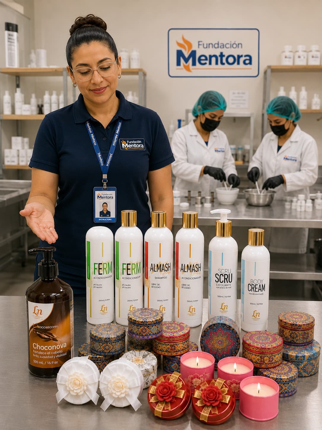 Instructora de Fundación Mentora presenta una colección de productos cosméticos elaborados por estudiantes durante los programas de formación en formulación cosmética.