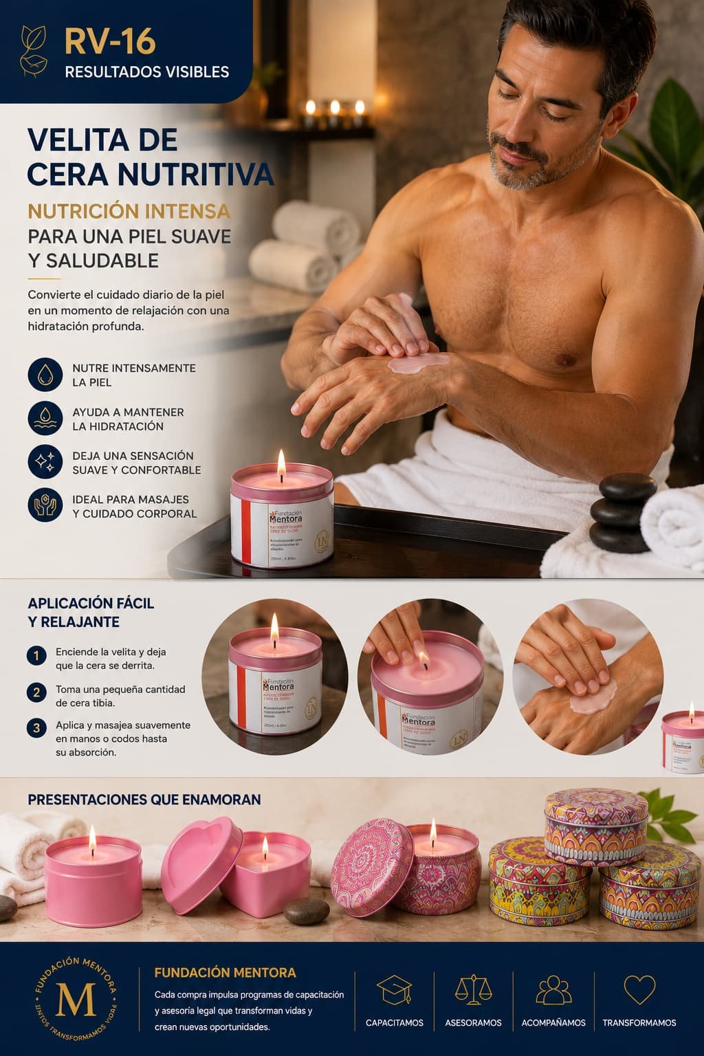 Hombre latinoamericano aplicando cera tibia de una velita nutritiva sobre las manos junto a las presentaciones reales de Fundación Mentora.