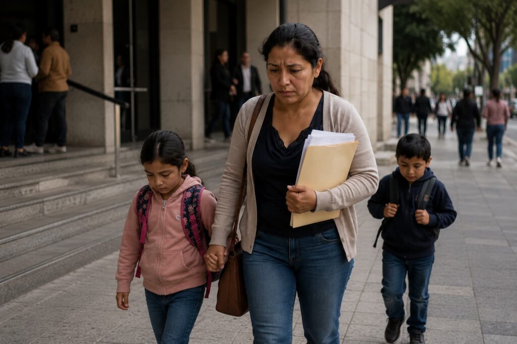 Madre ecuatoriana sale de una unidad judicial junto a sus hijos después de un proceso relacionado con una pensión de alimentos.