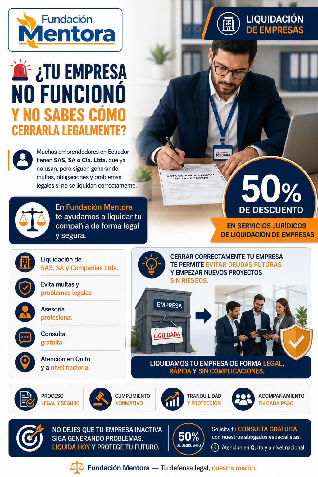 Infografía de Fundación Mentora sobre liquidación legal de empresas en Ecuador con 50% de descuento