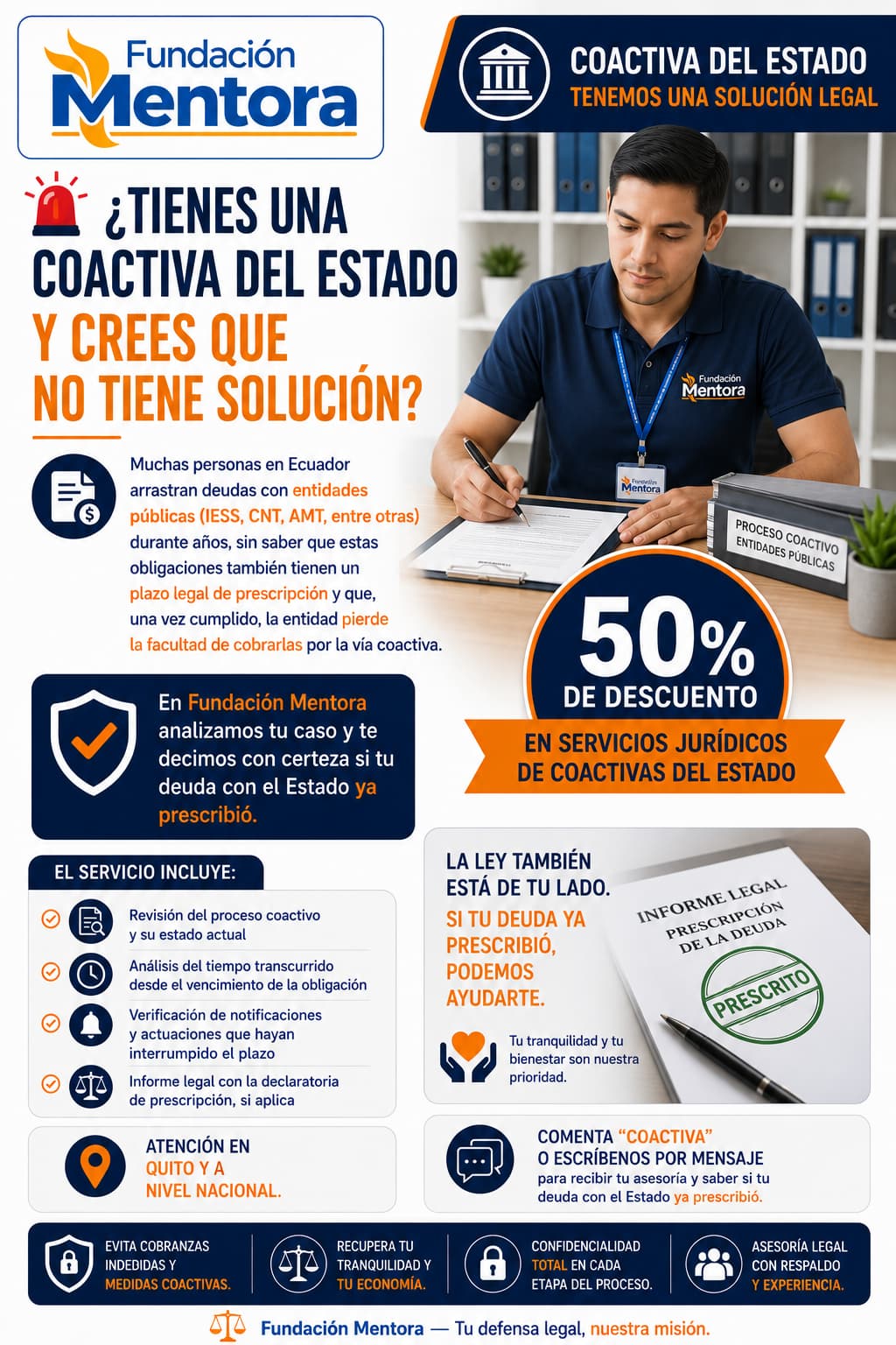 Infografía de Fundación Mentora sobre prescripción de deudas en procesos coactivos del Estado en Ecuador con 50% de descuento