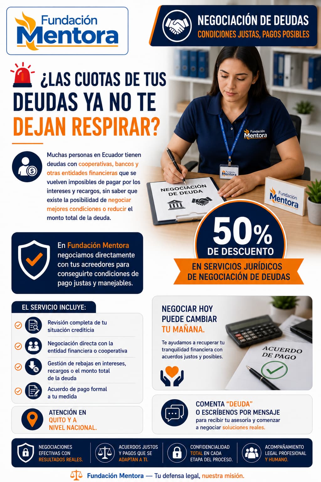 Infografía de Fundación Mentora sobre negociación de deudas con bancos y cooperativas en Ecuador y 50% de descuento