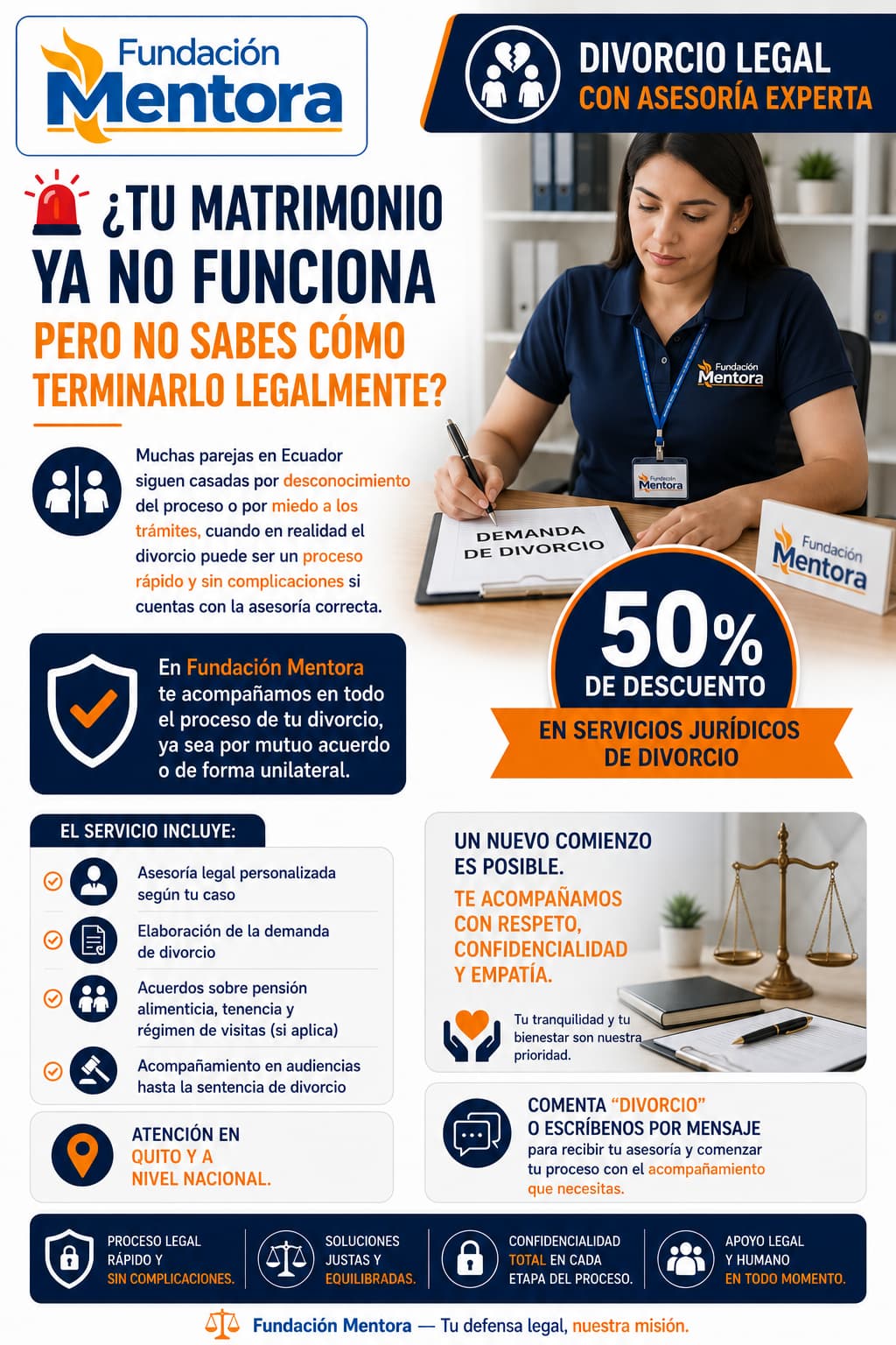 Infografía de Fundación Mentora sobre divorcio legal en Ecuador con asesoría jurídica y 50% de descuento