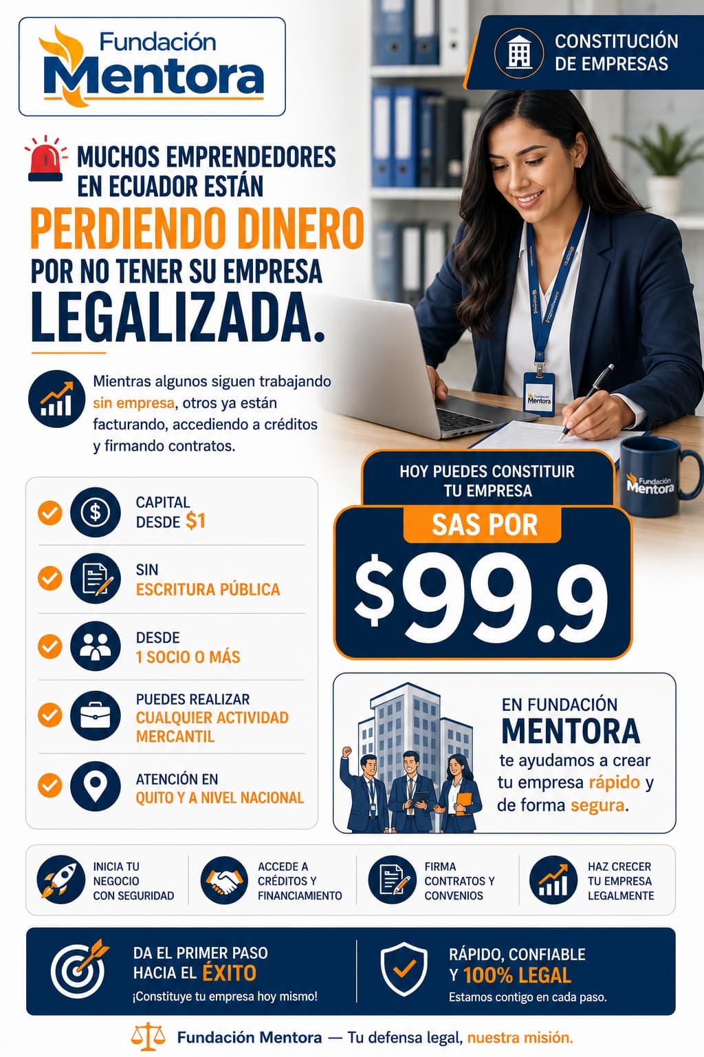 Infografía de Fundación Mentora sobre constitución de empresas SAS en Ecuador por $99.9, con información sobre capital desde $1, requisitos y acompañamiento para emprendedores.