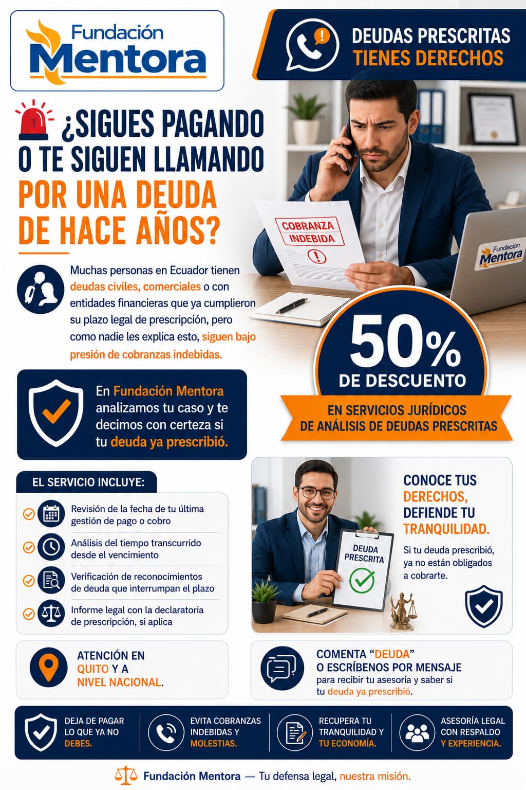 Infografía de Fundación Mentora sobre análisis de deudas prescritas en Ecuador con 50% de descuento en servicios jurídicos