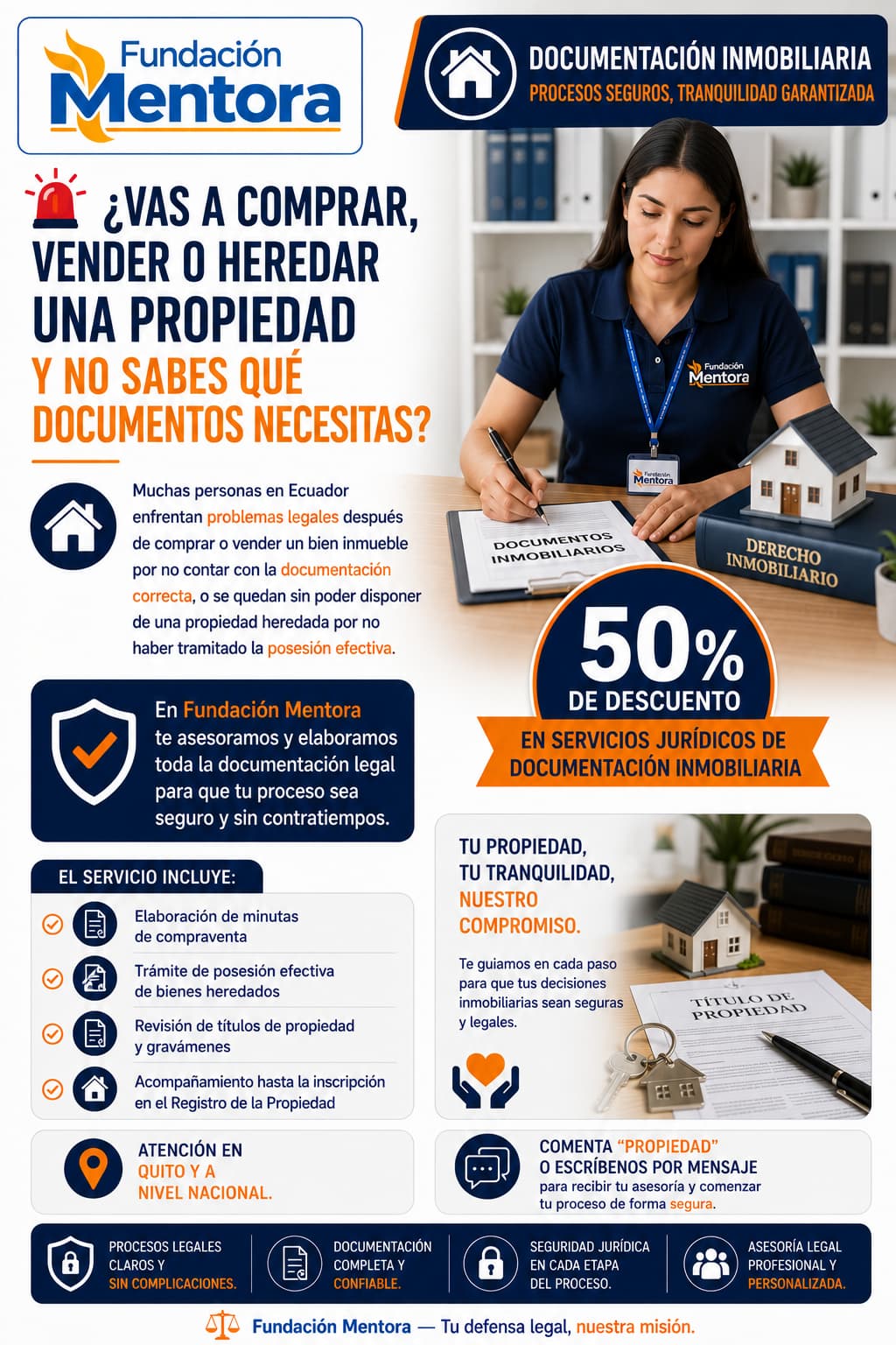 Infografía de Fundación Mentora sobre documentación inmobiliaria para comprar, vender o heredar propiedades en Ecuador con 50% de descuento